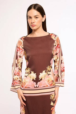 Misa Casey Dress in In Full Bloom, a chocolate brown floral satin midi dress with long flared sleeves, contrast trim, and a removable tie belt.