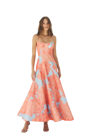 Saige Dress sky blue and coral floral maxi dress with thin straps from Hutch