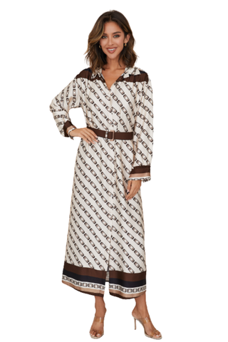Milio Milano Button Down Tie Dress in Ivory featuring a midi silhouette, waist tie, long sleeves, and contrast brown detailing.