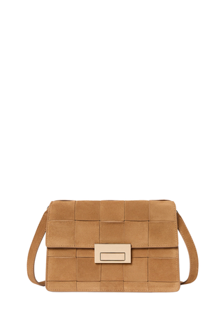 Loeffler Randall Delphine Clutch in Toffee caramel brown with dimensional paneling, front hardware detail, and shoulder strap.