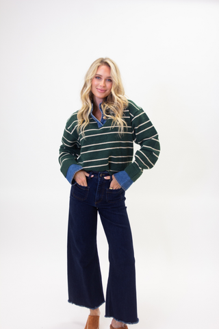 Karlie Stripe Varsity Denim Collar Sweater in Green featuring white stripes, a contrasting denim collar, and a relaxed fit.