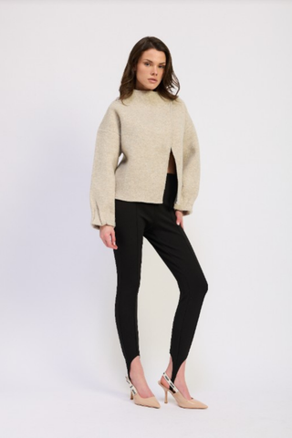 Taupe Palazzo Cardigan with high neckline, long sleeves, and relaxed overlapping front.