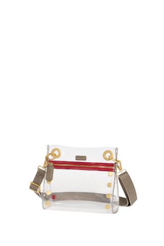Hammitt Tony Small Clear Crossbody in Pew/Brushed Gold Red Zip featuring clear TPU construction, brushed gold hardware, and a red zipper accent.