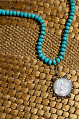 Mignonne Gavigan Semi Precious Odyssey Necklace in Blues featuring turquoise beads and a reversible compass charm.