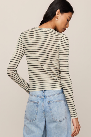 Z Supply Rosanna Stripe Sweater Top in Chalk featuring neutral horizontal stripes, long sleeves, an open neckline, and fitted silhouette.