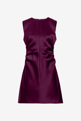 Tanya Taylor Tallulah Dress in Blackberry featuring a sleeveless satin mini silhouette with a crew neckline and gathered waist detailing.