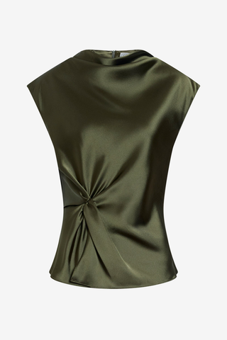 Tanya Taylor Robin Top in Fern olive green satin crepe with a mock neckline, cap sleeves, and twisted waist detail.