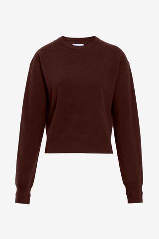 Tanya Taylor Lexia Cashmere Sweater in Deep Redwood featuring a classic crew neckline, long sleeves, and rich dark brown-red color.