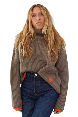 Kerri Rosenthal Marley Cashmere Sweater in Country Mist featuring a relaxed taupe cashmere knit with contrast trim and heart detail.