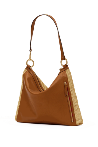 Hammitt Kyle Lrg Handbag in Cocoa Raffia featuring woven raffia, tan pebbled leather trim, gold hardware, and a large slouchy shoulder bag silhouette