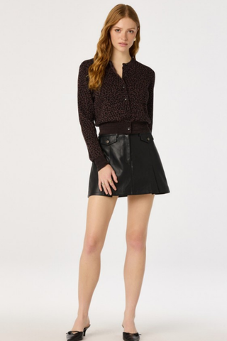ASTR Nikki Cardigan in Espresso Leopard featuring a brown leopard print, round neckline, button front, and long sleeves.