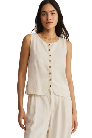 Z Supply Roman Linen Vest in Cloud featuring a sleeveless silhouette, button-front detail, and lightweight washed linen blend fabric