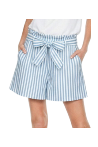 Blue striped high-waisted shorts with elastic waistband and tie belt