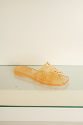 Bibi Lou Jelly Slide sandal in translucent camel jelly material featuring a woven-inspired upper and square toe silhouette