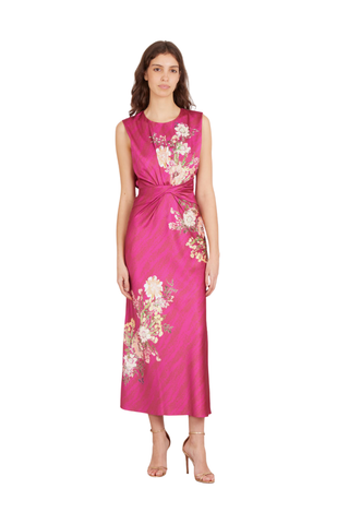 SALONI Gwen Dress in Aster Bouquet featuring a vibrant pink ground, floral detailing, sleeveless bodice, and elegant midi-length skirt.