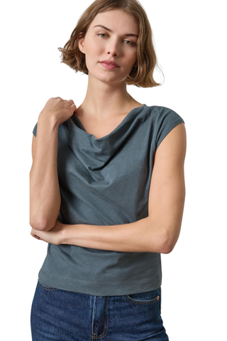 Lilla P Drape Neck Wedge Top in Mineral featuring a soft draped neckline and relaxed short-sleeve silhouette.