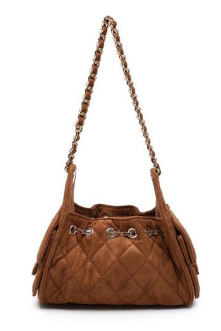 Urban Expressions Royalty Shoulder Bag in Cognac featuring quilted faux suede, gold-tone hardware, woven shoulder strap, and drawstring closure.
