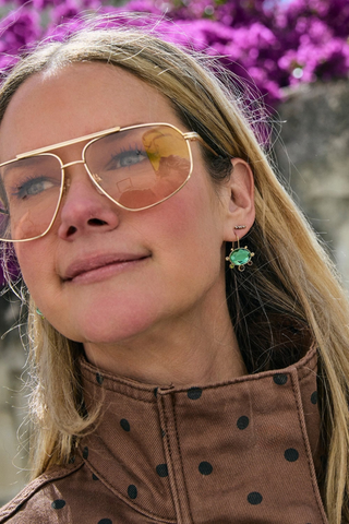 Mignonne Gavigan Serra Earrings in Green Multi featuring oval green stones with small brown and crystal accents in gold-tone settings.