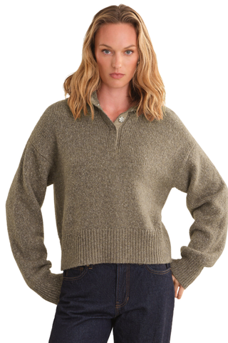525 America Boxy Henley Sweater in Mushroom Melange with long sleeves, partial snap-front neckline, stand collar, and relaxed boxy fit.