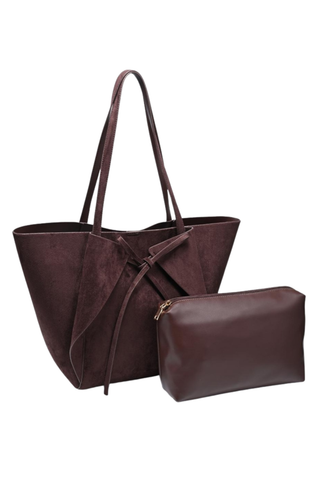 Urban Expressions Soren Tote in Chocolate brown vegan suede with long shoulder straps, bow-front detail, and matching zip pouch.