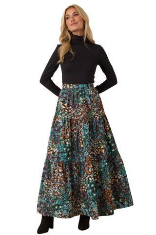 Prosperina Wintour Maxi Skirt in Urban Jungle featuring a full-length flowing silhouette with a rich multicolor botanical print.