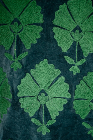 Eleanor James Brand Sgt. Pepper Crew Jacket in Green Onions featuring rich blue velvet with tonal hand-finished Suzani embroidery.