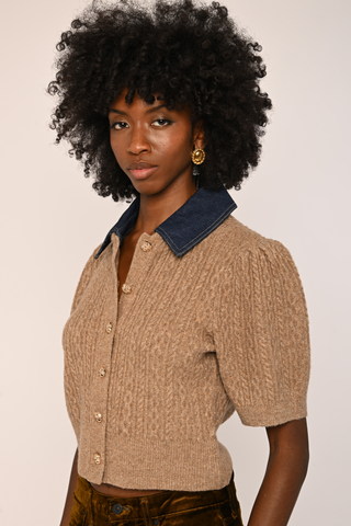 Love the Label Lane Cardigan in Cedar featuring a textured brown knit, dark contrast collar, button front, and short puff sleeves.