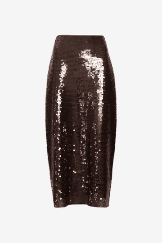 Tanya Taylor Kiah Skirt in Dark Fig featuring a high-waisted straight midi silhouette covered in rich brown sequins.