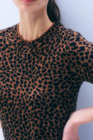 White + Warren Cashmere Leopard Print Tee in Cedarwood and Black featuring a crew neckline, short sleeves, and allover leopard print.