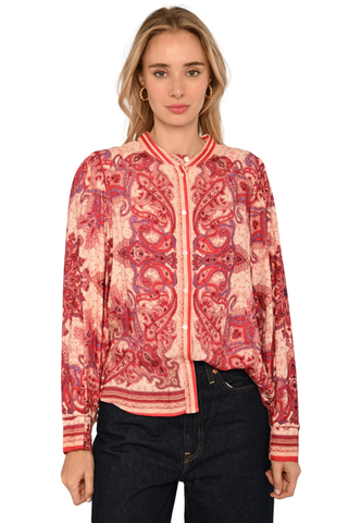 Love the Label Novalie Top in Hearts In Tandem Print featuring a red and pink heart-inspired print with long sleeves and feminine detailing.