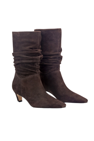Marc Fisher LTD Dalores Slouch Bootie in dark brown suede featuring a gathered slouchy shaft, pointed snip toe, and low kitten heel.