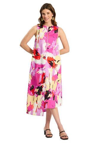 Model wearing Tyler Boe Cynthia Sleeveless Dress in Multi with colorful abstract print, asymmetrical hemline, and sleeveless silhouette