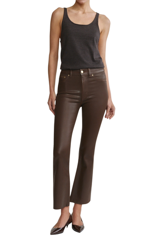 DL1961 Bridget Boot Crop Jean in Brownstone Coated featuring a high-rise cropped bootcut silhouette with a chocolate-brown leather-like finish.