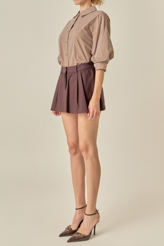 English Factory Striped Button Down Shirt in Brown featuring a classic collar, front buttons, relaxed silhouette, and voluminous balloon sleeves.
