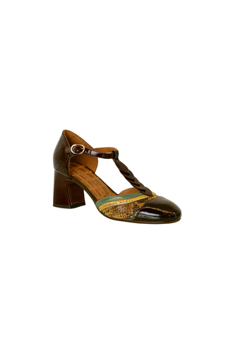 Chocolate leather T-strap heel with a pointed toe and block heel.