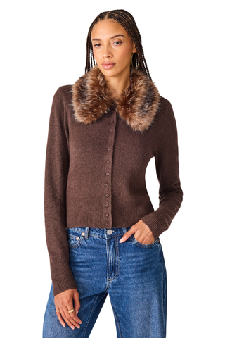 Jadie Cardigan in Dark Toffee featuring a chocolate-brown knit, statement faux fur collar, button-front closure, and fitted silhouette styled with denim.