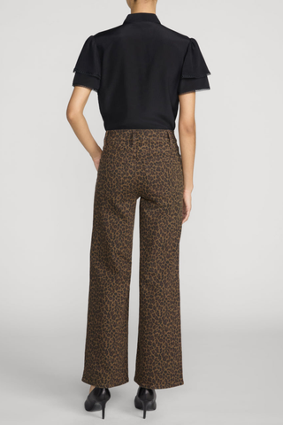 FRAME Le Slim Palazzo jeans in an allover brown and black leopard print with a high rise and wide-leg silhouette.