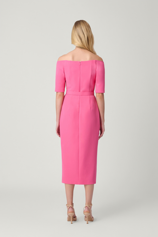 Shoshanna Cadence Dress in Snowberry pink featuring an off-the-shoulder neckline, fitted waist, and midi silhouette.