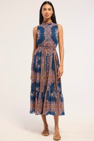 Blue printed chiffon midi dress with ruffle trim, button front, and tie waist.