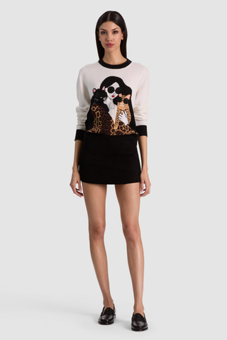 Alice + Olivia Gleeson Staceface Leopard Pullover in soft white with black trim, embellished Staceface graphic, and leopard print details.