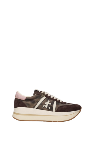 Premiata Beth Coin 8500 Sneaker in chocolate brown with blush accents, signature logo detailing, lace-up closure, and chunky platform sole.