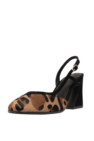 Cecelia New York Sophia Heel in Black and Leopard with leopard pony hair toe, black suede trim, slingback strap, and sculptural heel.