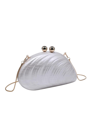 Urban Expressions Robyn Evening Bag in Ivory featuring a pearlescent marbled acrylic half-moon silhouette, gold-tone kiss-lock clasp, and detachable chain strap.