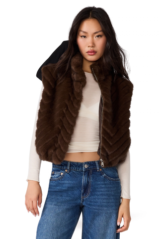 Steve Madden Luxie Vest in Dark Espresso featuring a rich brown faux-fur texture, sleeveless silhouette, and open front.