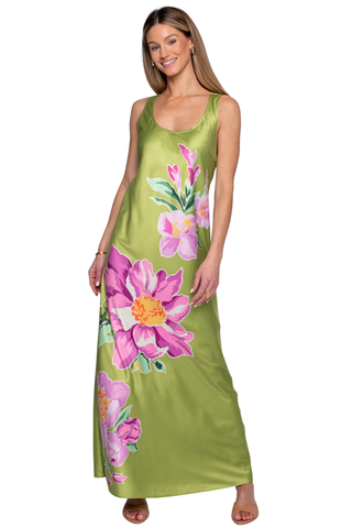 Green floral satin maxi dress with scoop neckline by Elizabeth James