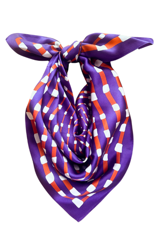 Swells Purple + Orange 26-inch silk scarf featuring a bold geometric print in purple, orange, and coordinating tones.