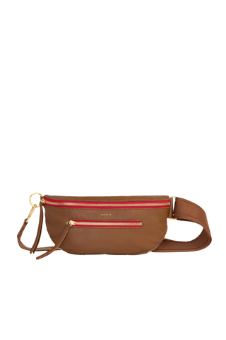 Hammitt Charles Crossbody Medium Handbag in mahogany brown pebbled leather with brushed gold hardware and red zipper.