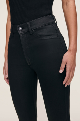 DL1961 Bridget Boot Jean in Black Coated Clean Hem featuring a high-rise fit, cropped bootcut leg, and sleek black coated finish.