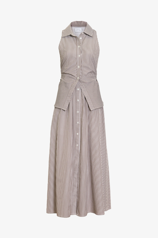 Hannah Dress acorn and white striped sleeveless midi dress with tie waist from Tanya Taylor
