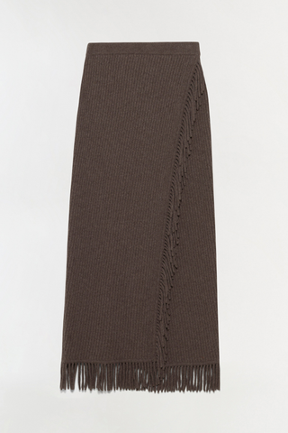 SIMKHAI Casey Midi Skirt in mushroom brown knit with a faux-wrap silhouette and fringe trim along the edge and hem.